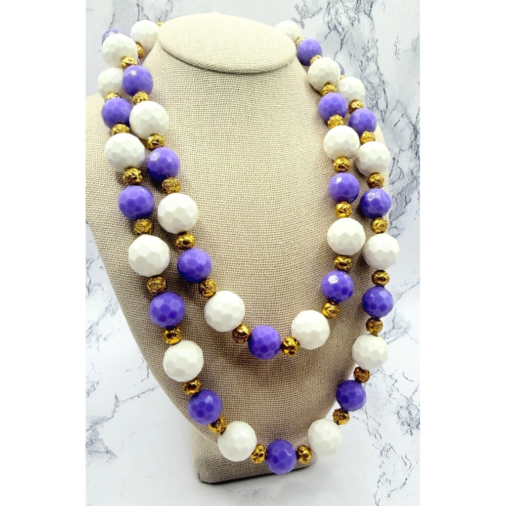 Purple White Beaded Necklace Gold Spacers 32" Long Strand